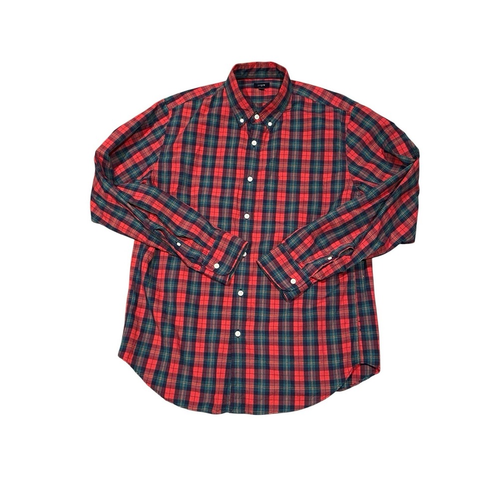 J Crew Button Front Shirt Long Sleeve Red Plaid Men's Large Casual Button Down